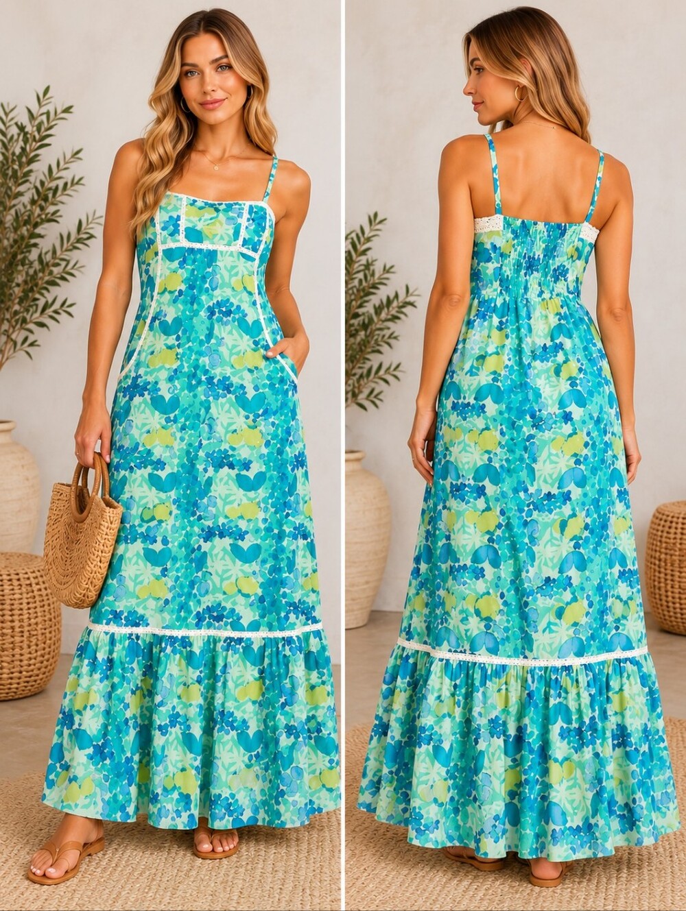 NWT! Jessica Simpson Boho Floral Blue and Green Maxi Dress